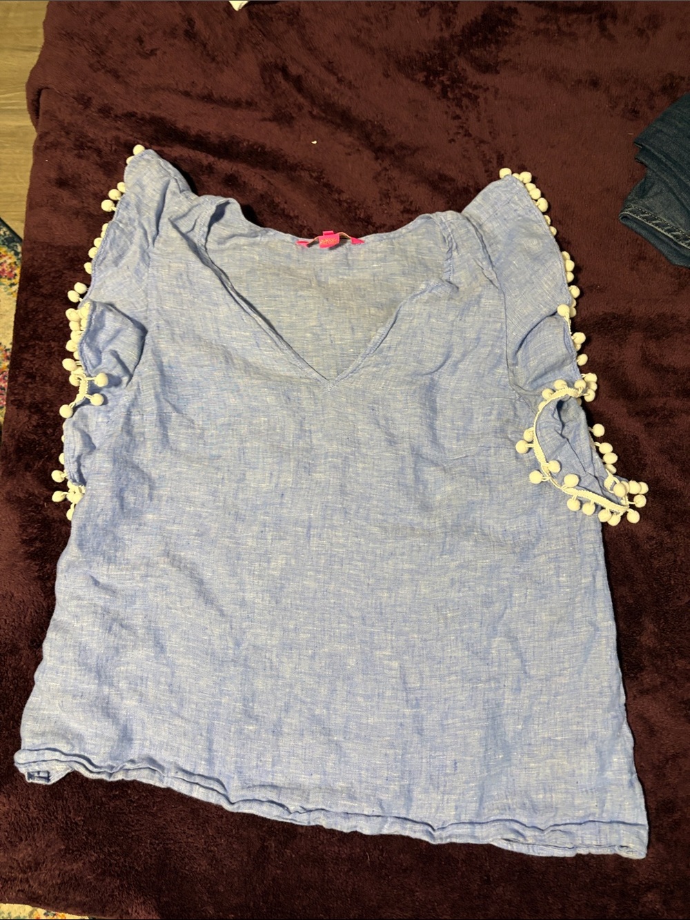 Lilly Pulitzer Light Blue V-Neck Pom Pom Sleeve Top